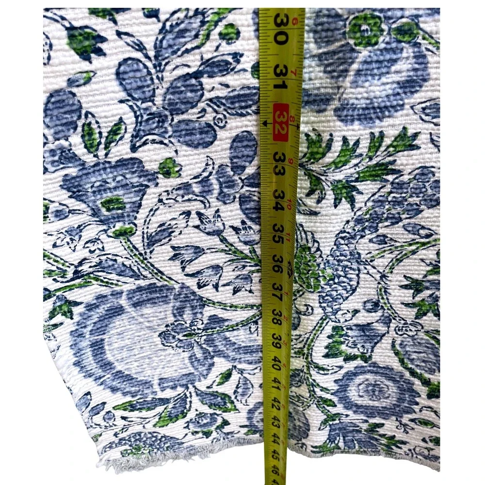 Rachel Zoe Blue Green Floral Block Print Cotton Table Runner 17x88 Frayed Edge
